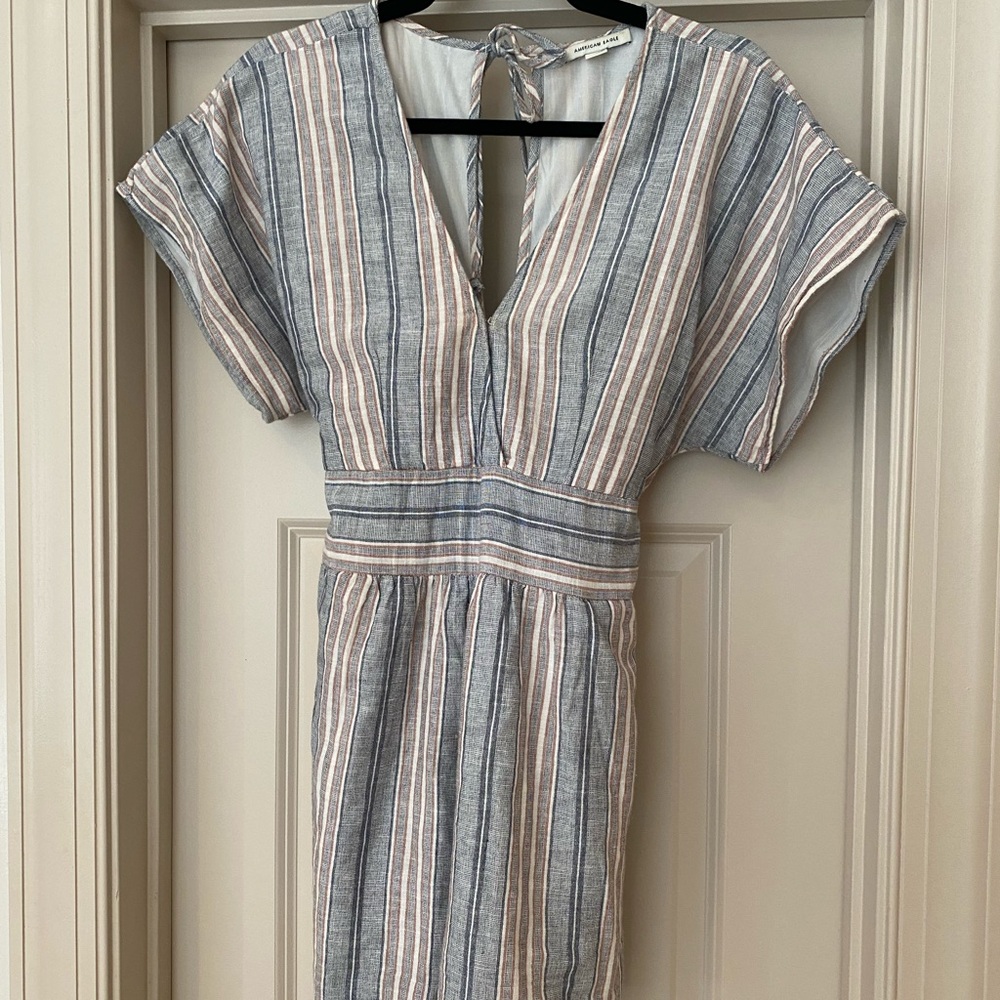 American Eagle Outfitters Striped V-Neck Jumpsuit in Blue and Cream